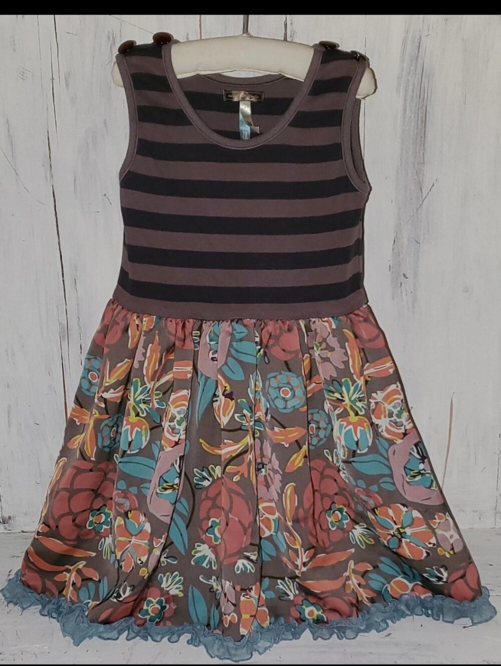 Matilda Jane You And Me Striped Bodice Floral Skirt Kids Dress in Mauve & Teal